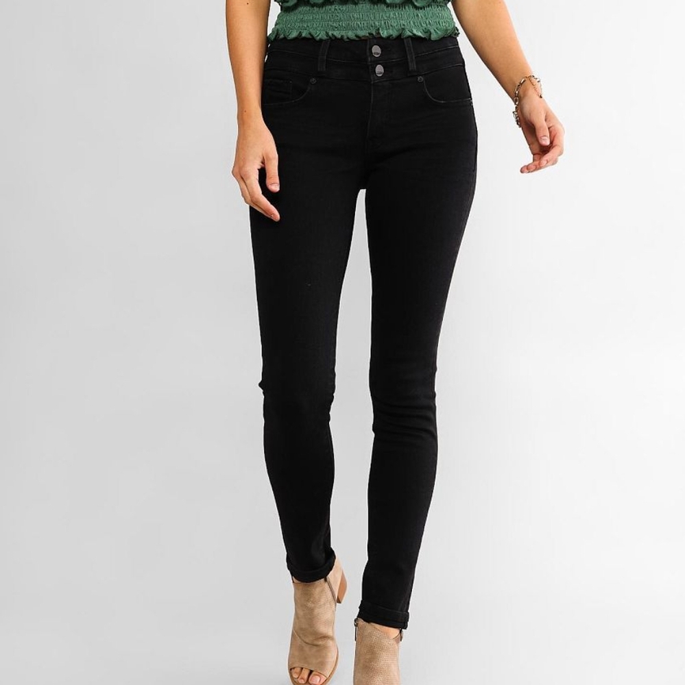 Buckle Black Skinny Jeans High-Waisted Stretch